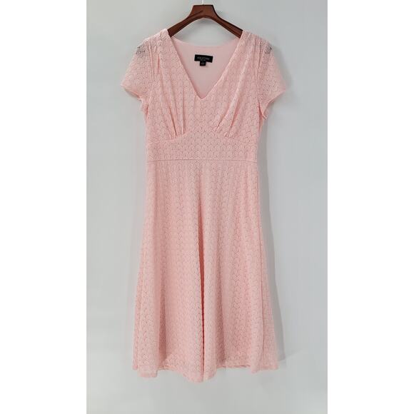 Perceptions Womens Lace Dress L Pink‎ A Line Smocked Waist V Neck Short Sleeves - Picture 1 of 12